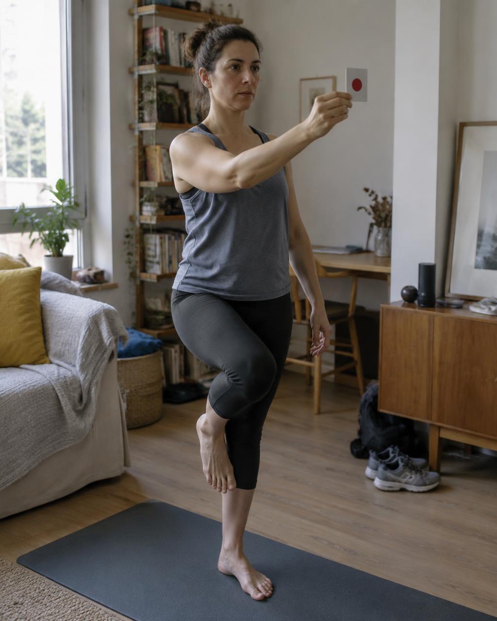 Persona entrenando equilibrio y coordinación visual desde casa
